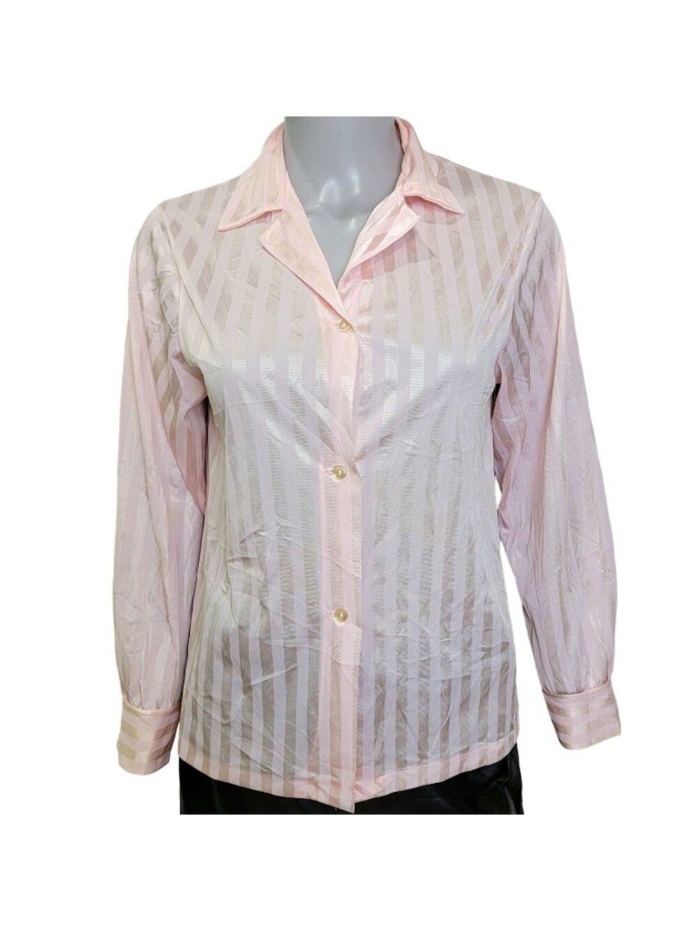 Sears Vintage 70s Nylon Blouse Women Medium 8 10 Pink Gold Shirt Top Spring Fall
